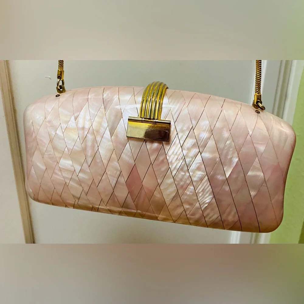 Vtg SAKS FIFTH AVE Italy Pink Mother of Pearl Small Clutch Shoulder Purse - Picture 5 of 7